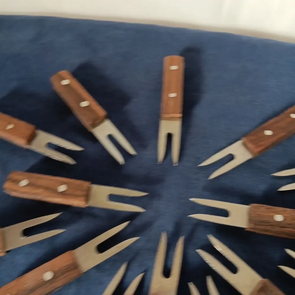 Vintage MCM Japan Stainless Steel Corn Cob Appetizer Forks Hardwood Handles Lot